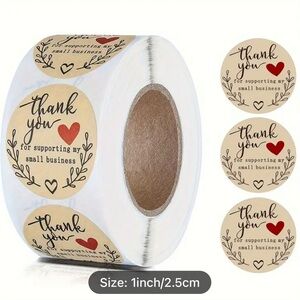 Vintage Kraft Paper Thank You Stickers Roll with Heart Design, 500 Roll
